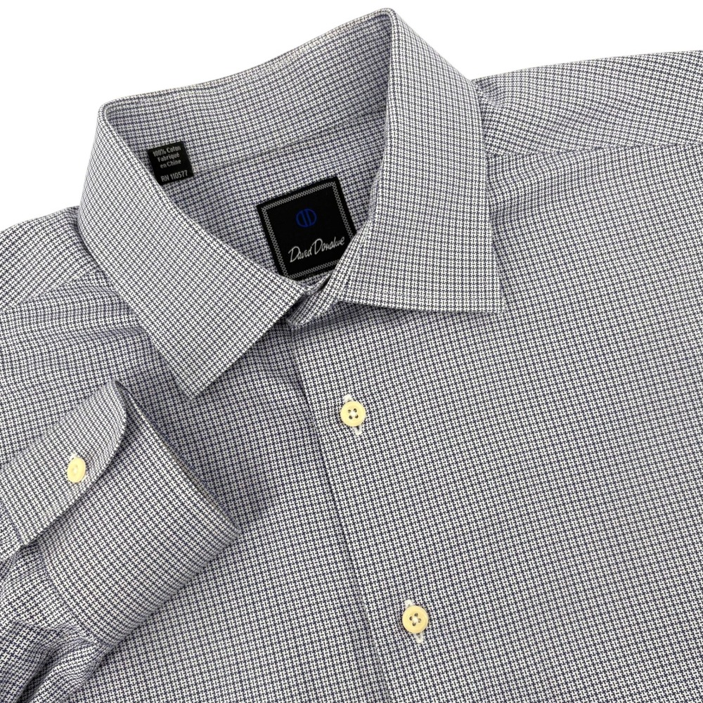 David Donahue Mens Trim Fit Dress Shirt Blue White Micro Pattern 17.5 34/35